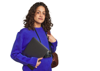 Joyful digital nomad with vintage camera and laptop.