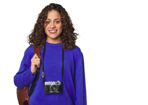 Young digital nomad photographer woman smiling