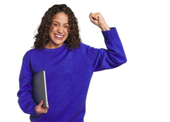 Happy caucasian woman holding a laptop and celebrating a good new