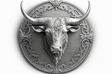 Silver emblem, head of a bull, white background, stock exchange concept. Generative AI