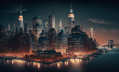 Fototapeta na wymiar Night skyline of Manhattan, New York City. Generative AI