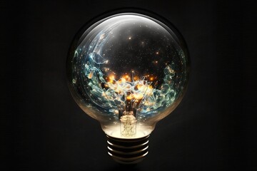Light bulb illustration with galaxy and nebula inside, black background. Generative AI