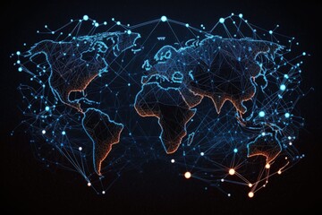 Global map illustration with network contacts, dark blue background. Generative AI
