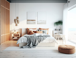 Illustration of a modern bedroom in a beach villa. created with Generative AI technology.