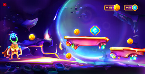 Cartoon cosmic game with platforms, astronaut and crystal bonus or assets. Space background with spaceman, alien landscape with stages and planets in sky. Gui futuristic adventure with cosmonaut.