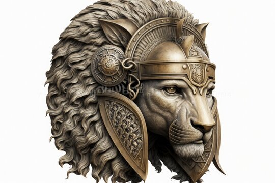 Lion head illustration with spartan helmet, white background. Generative AI