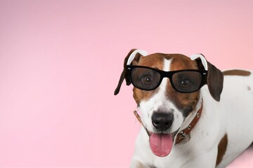 Cute young smart dog pet in sunglasses.