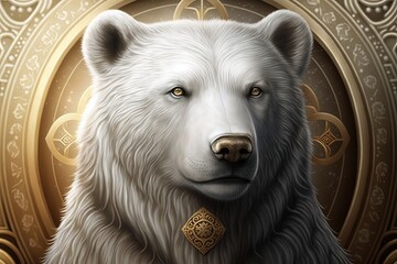 Polar bear illustration, circle with golden ornaments on the background, emblem. Generative AI