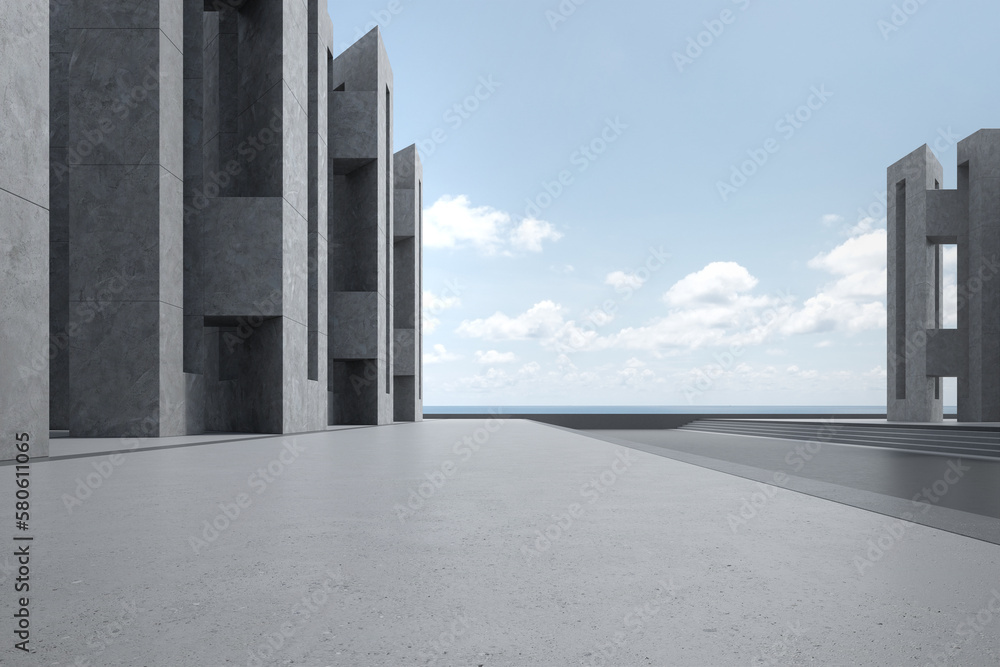 Poster empty concrete floor for car park. 3d rendering of abstract building with sea view background.