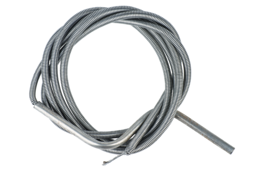 Metal cable for cleaning sewer pipes isolated on white background.Top view