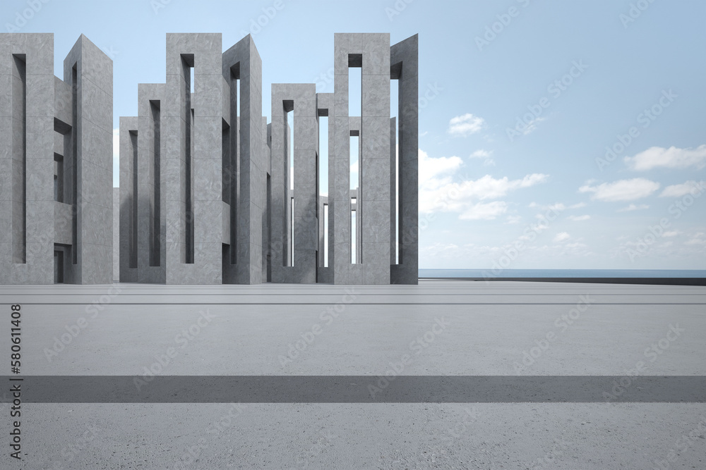 Poster empty concrete floor for car park. 3d rendering of abstract building with sea view background.