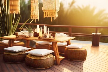 natural bamboo table set with brown cushions and a straw hat (AI Generated)