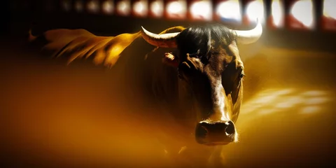 Foto auf Acrylglas Antireflex Generative AI illustration of aggressive bull with big horns standing on arena during Spanish bullfight © exclusive-design