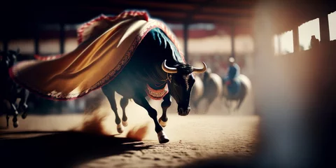Foto auf Acrylglas Antireflex Generative AI illustration of aggressive bull in golden cape running on arena during bullfight with torero © exclusive-design