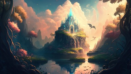 Fototapeta na wymiar Enchanting Forest: A Surreal Landscape of Towering , castle , Trees, Sparkling Waterfalls, and Colorful Flowers , generative AI 