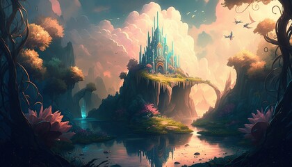 Enchanting Forest: A Surreal Landscape of Towering , castle , Trees, Sparkling Waterfalls, and Colorful Flowers , generative AI 
