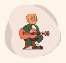 A bearded man in a suit plays the guitar. Cheerful character. Funny colorful vector isolated flat illustration. Cartoon style.