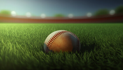 Baseball ball in a grass of baseball arena stadium