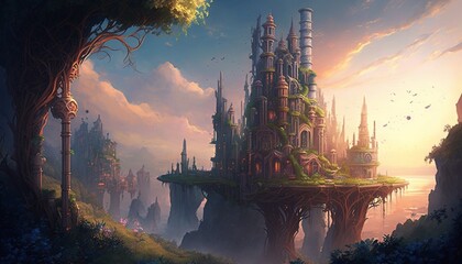 Obraz premium Enchanting Forest: A Surreal Landscape of Towering , castle , Trees, Sparkling Waterfalls, and Colorful Flowers , generative AI 