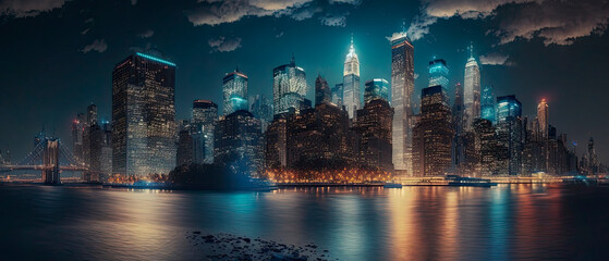 Fototapeta premium Night skyline of Manhattan, New York City. Generative AI