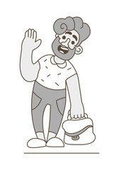 Young smiling man with a bag. Funny monochrome vector flat isolated illustration. Cartoon style.