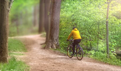 Möbelaufkleber A man in a yellow jacket rides a bicycle on a forest path on a spring day. A rear view of a man, a healthy lifestyle and outdoor walks. © Надежда Д