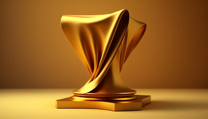 Golden luxurious fabric or cloth placed on top pedestal or blank podium shelf on gold background with luxury concept. Museum or gallery backdrops for product. 3D rendering