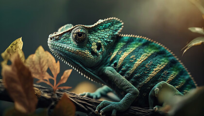 Green colored chameleon close up