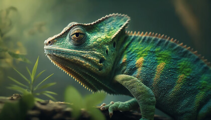 Green colored chameleon close up