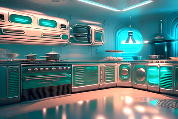 retro illustrated futuristic blue kitchen. Generative AI