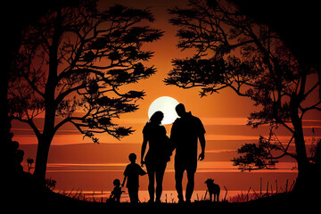 Silhouettes of a young family with children. AI generated