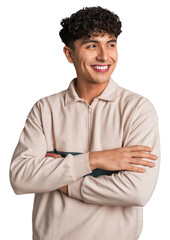 Young latin man making up plan in mind, setting up an idea.