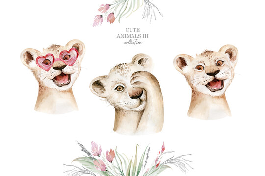 A trendy poster with a lion. Watercolor cartoon lion savanna animal illustration. Jungle savannah tropical exotic summer print