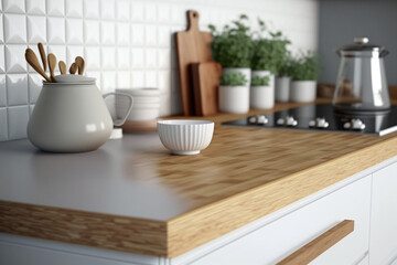Fototapeta na wymiar Natural wooden kitchen worktop, growing microgreens, ustensils Generative AI