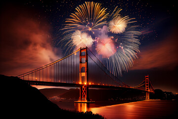 Fireworks over the famous Golden Gate Bridge. AI generated
