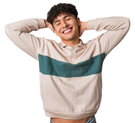 Young latin man shouting excited to front.