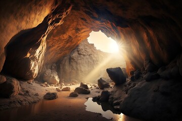 Golden Sunshine Illuminating a Cave - Generative ai