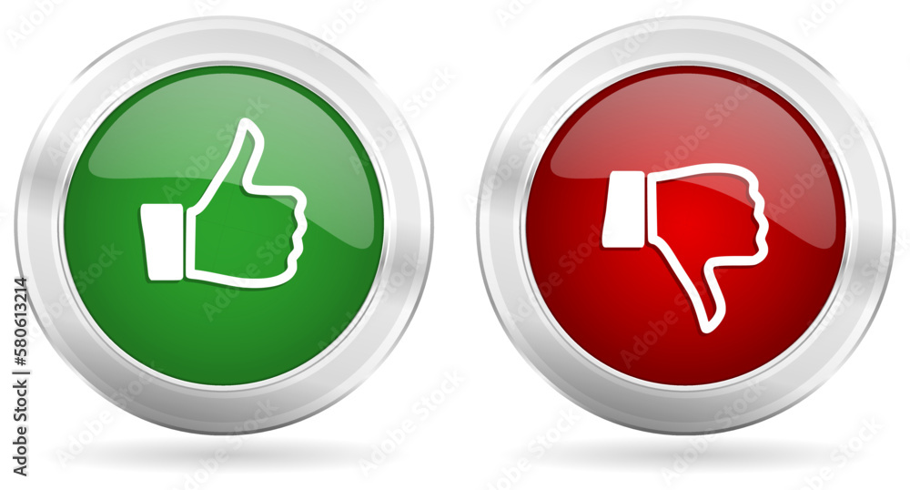 Poster like and dislike icons, set of green and red thumb up and down silver metallic buttons isolated on w