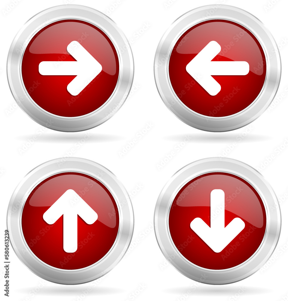 Poster arrows vector icons, set of right, left, up and down arrow silver metallic buttons isolated on white