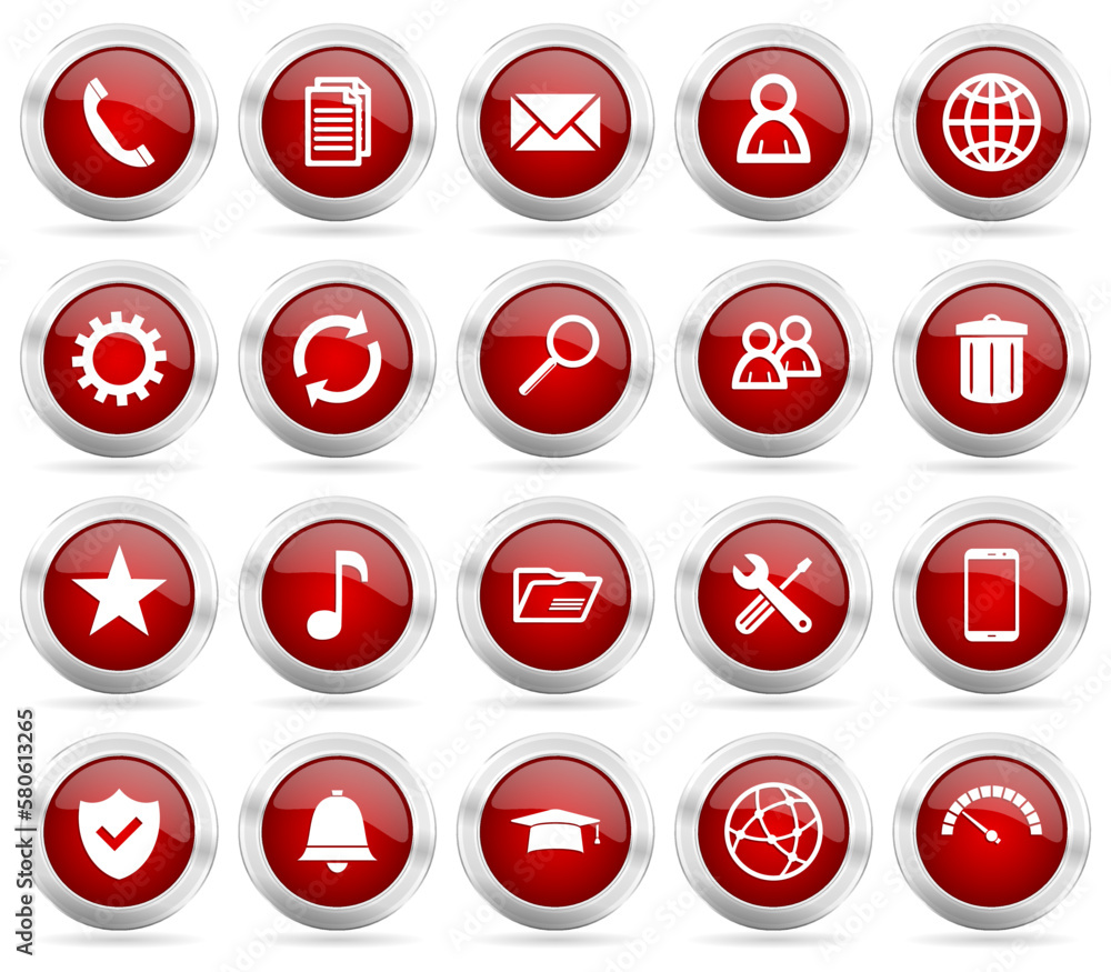 Poster Web vector icons, set of silver metallic, chrome border internet buttons isolated on white background.