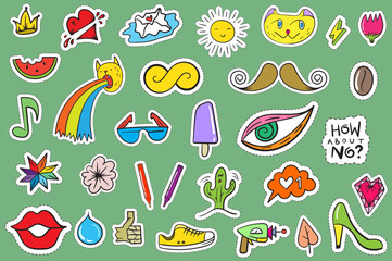 Cute Colorful Modern Patch Set. Fashion patches. Cartoon 80's - 90's style.