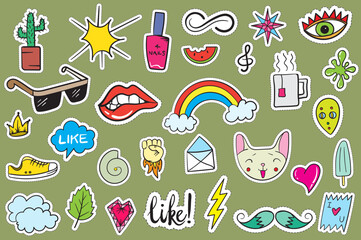 Cute Colorful Modern Patch Set. Fashion patches. Cartoon 80's - 90's style.