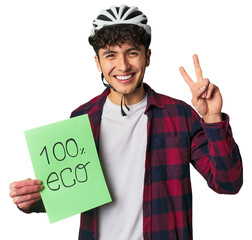 Young man with an Eco-friendly message delivered with a smile.