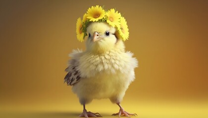 Obraz premium yellow chicken with a wreath of spring flowers on his head, on a yellow background. Generative AI
