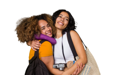 Two diverse friends on a beach vacation with vintage camera, beach bag, and travel pillow dreaming of achieving goals and purposes