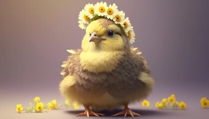 Obraz premium yellow chicken with a wreath of spring flowers on his head, on a yellow background. Generative AI