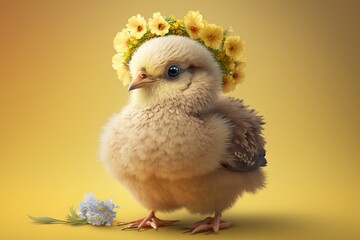 yellow chicken with a wreath of spring flowers on his head, on a yellow background. Generative AI