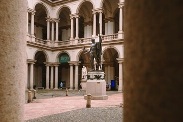 Interior of the courtyard of the Pinacoteca di Brera as seen from the portico with columns