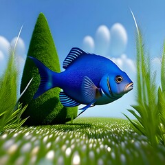 blue frutiger aero fish floating in lush flora bushes and grass - obrazy, fototapety, plakaty