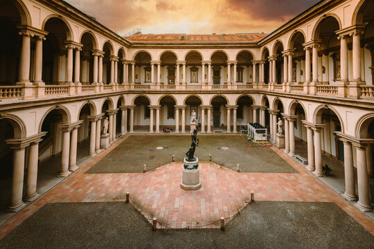 Top view of the Brera Art Gallery (Pinacoteca di Brera) courtyard at sunset
